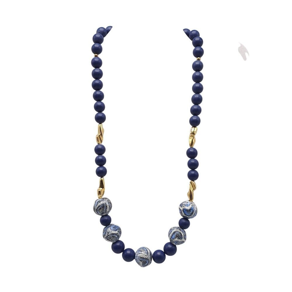 Vintage Blue Swirl Ceramic Gold Toned Beaded Necklace 25 Inch